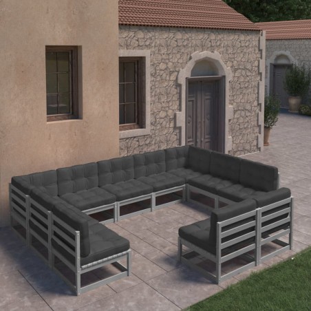 vidaXL Set Divani da Giardino 11 pz Grigio Cuscini Massello di Pino