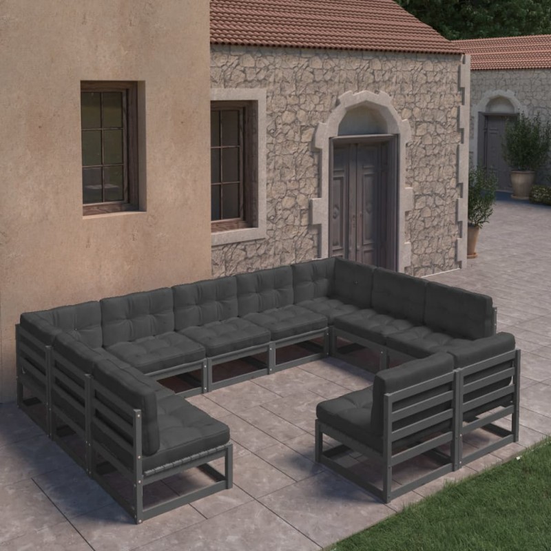 vidaXL Set Divani da Giardino 11 pz con Cuscini Massello di Pino Nero vidaXL Set Divani da Giardino 11 pz con Cuscini Massello di Pino Nero