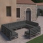 vidaXL Set Divani da Giardino 11 pz con Cuscini Massello di Pino Nero vidaXL Set Divani da Giardino 11 pz con Cuscini Massello di Pino Nero