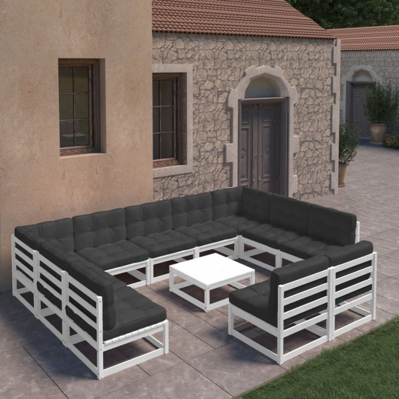 vidaXL Set Divani da Giardino 12 pz Cuscini Bianchi Massello di Pino vidaXL Set Divani da Giardino 12 pz Cuscini Bianchi Massello di Pino
