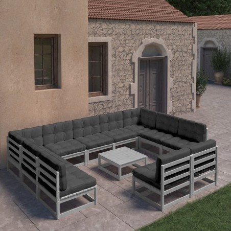 vidaXL Set Divani da Giardino 12pz con Cuscini Grigio Massello di Pino