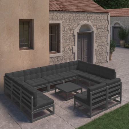 vidaXL Set Divani da Giardino 12 pz con Cuscini Massello di Pino Nero