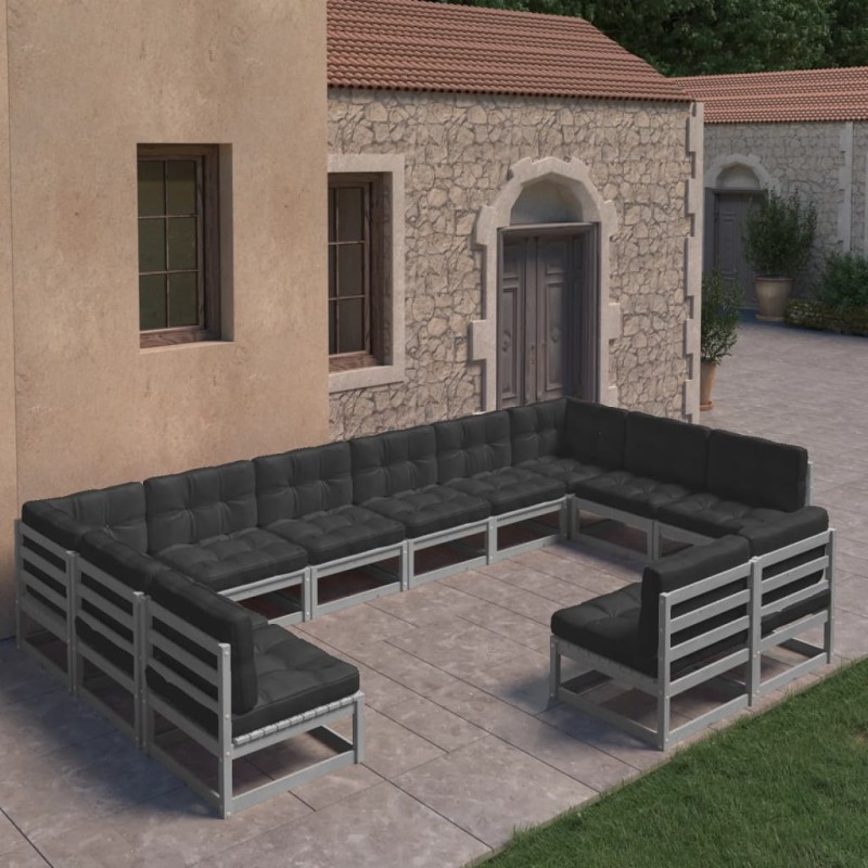 vidaXL Set Divani da Giardino 12pz con Cuscini Grigio Massello di Pino vidaXL Set Divani da Giardino 12pz con Cuscini Grigio Massello di Pino