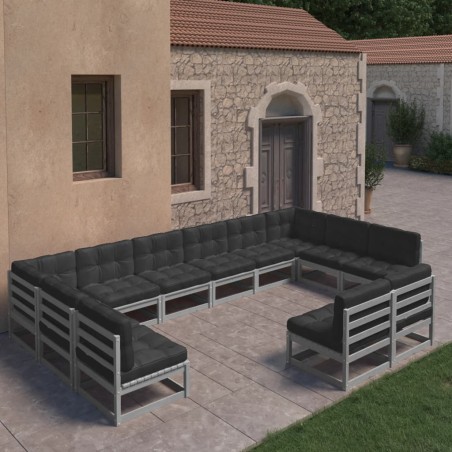 vidaXL Set Divani da Giardino 12pz con Cuscini Grigio Massello di Pino