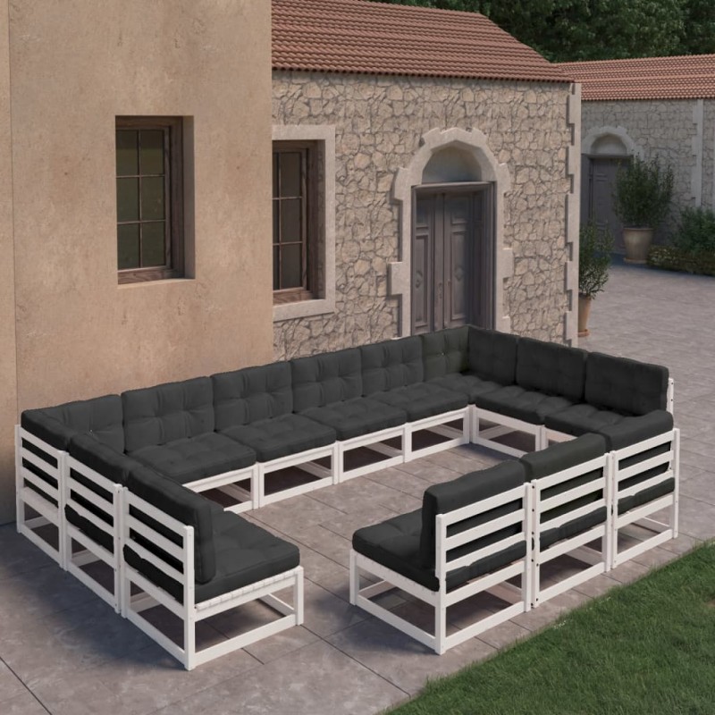 vidaXL Set Divani da Giardino 13pz con Cuscini Massello di Pino Bianco
