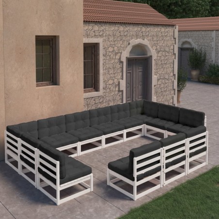 vidaXL Set Divani da Giardino 13pz con Cuscini Massello di Pino Bianco