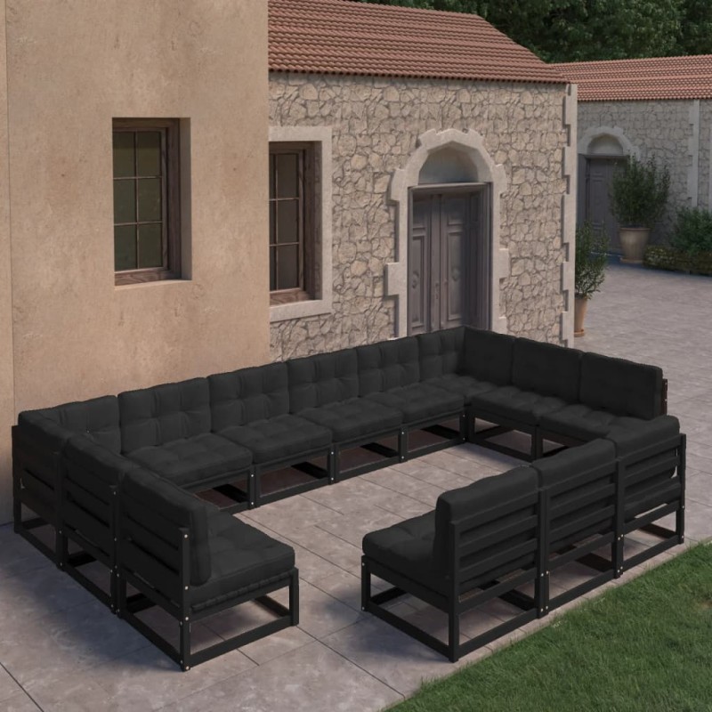 vidaXL Set Divani da Giardino 13 pz con Cuscini Massello di Pino Nero vidaXL Set Divani da Giardino 13 pz con Cuscini Massello di Pino Nero