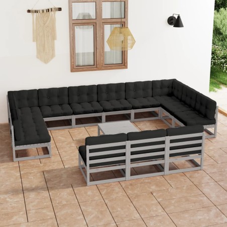 vidaXL Set Divani da Giardino 14pz con Cuscini Grigio Massello di Pino