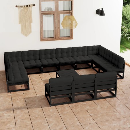 vidaXL Set Divani da Giardino 14 pz con Cuscini Massello di Pino Nero