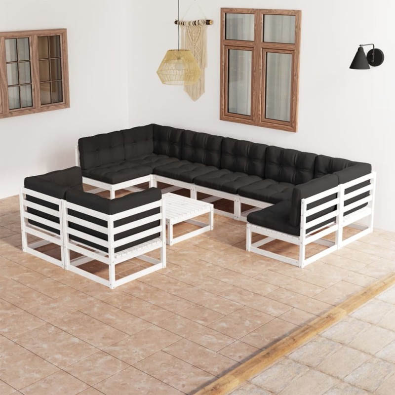 vidaXL Set Divani da Giardino 10 pz Cuscini Bianchi Massello di Pino vidaXL Set Divani da Giardino 10 pz Cuscini Bianchi Massello di Pino