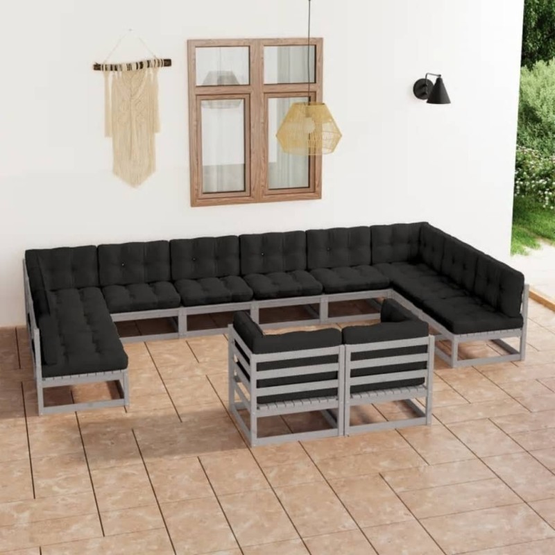 vidaXL Set Divani da Giardino 12pz con Cuscini Grigio Massello di Pino vidaXL Set Divani da Giardino 12pz con Cuscini Grigio Massello di Pino
