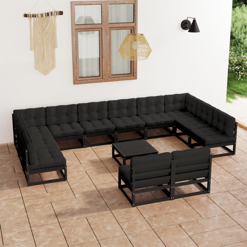 vidaXL Set Divani da Giardino 13 pz con Cuscini Massello di Pino Nero vidaXL Set Divani da Giardino 13 pz con Cuscini Massello di Pino Nero