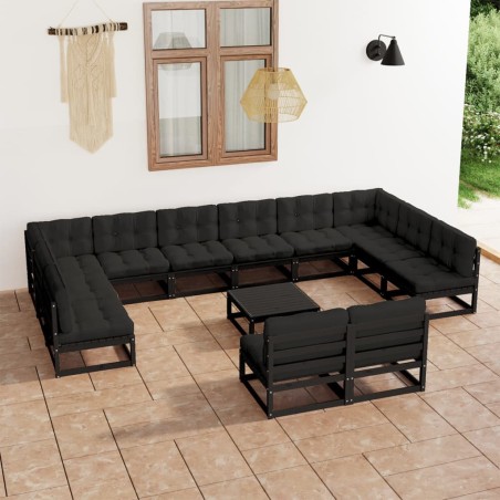 vidaXL Set Divani da Giardino 13 pz con Cuscini Massello di Pino Nero