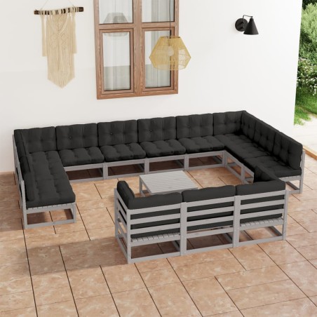 vidaXL Set Divani da Giardino 14pz con Cuscini Grigio Massello di Pino