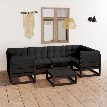 vidaXL Set Divani da Giardino 7 pz con Cuscini Massello di Pino Nero