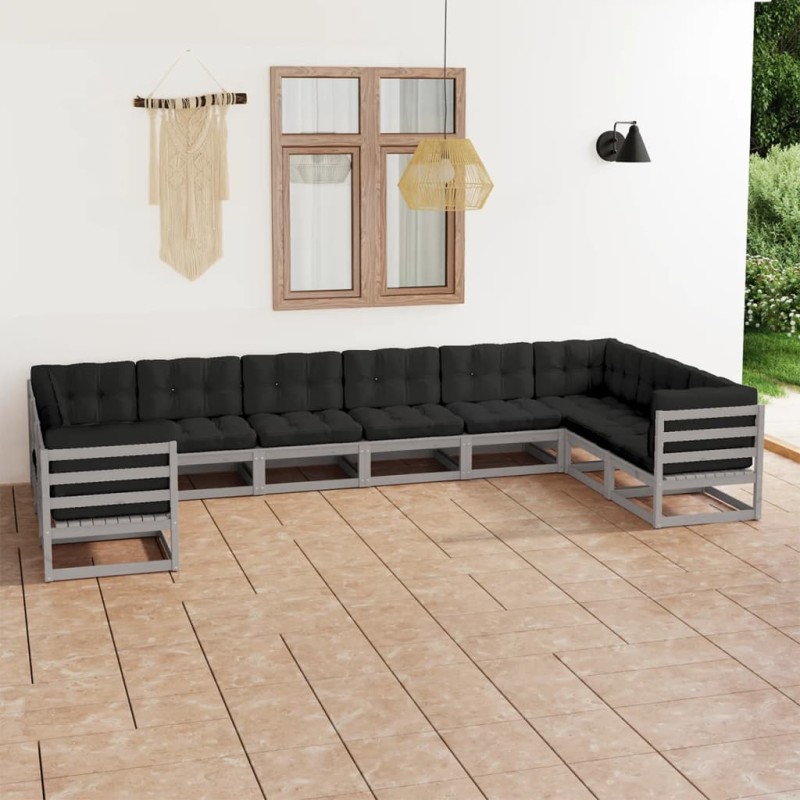 vidaXL Set Divani da Giardino 10 pz Grigio Cuscini Massello di Pino vidaXL Set Divani da Giardino 10 pz Grigio Cuscini Massello di Pino