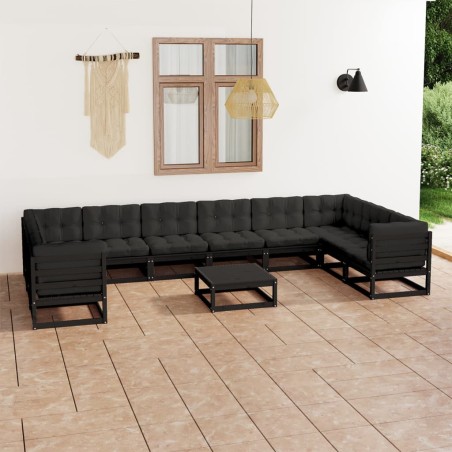 vidaXL Set Divani da Giardino 11 pz con Cuscini Massello di Pino Nero