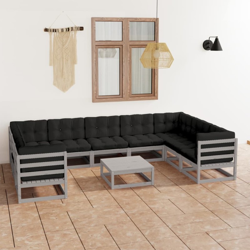 vidaXL Set Divani da Giardino 10pz Grigio con Cuscini Massello di Pino vidaXL Set Divani da Giardino 10pz Grigio con Cuscini Massello di Pino