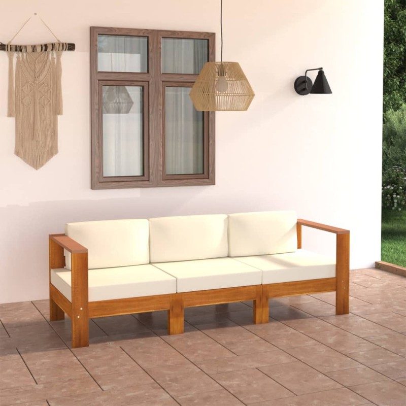 Divano da Giardino 3 Posti Cuscini Bianco Crema Massello Acacia Divano da Giardino 3 Posti Cuscini Bianco Crema Massello Acacia