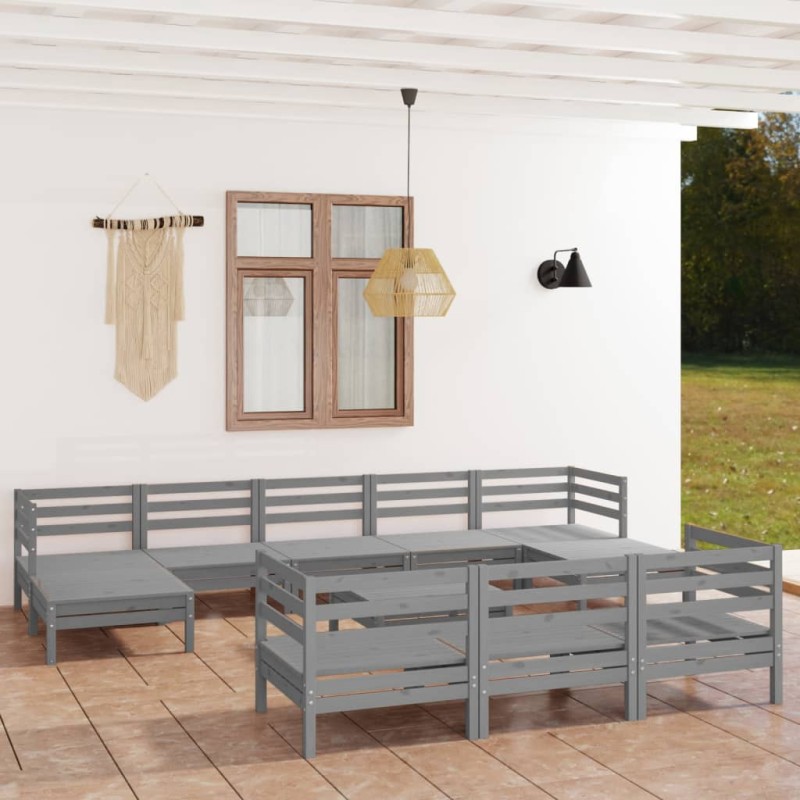 vidaXL Set Salotto da Giardino 11 pz Grigio in Legno Massello di Pino vidaXL Set Salotto da Giardino 11 pz Grigio in Legno Massello di Pino