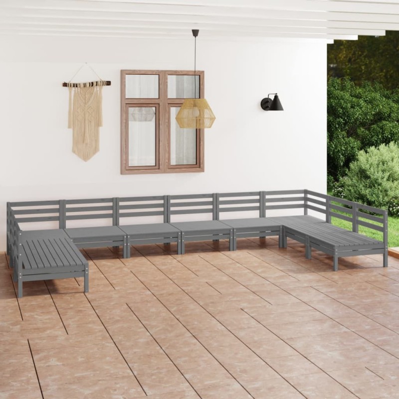 vidaXL Set Salotto da Giardino 10 pz Grigio in Legno Massello di Pino vidaXL Set Salotto da Giardino 10 pz Grigio in Legno Massello di Pino