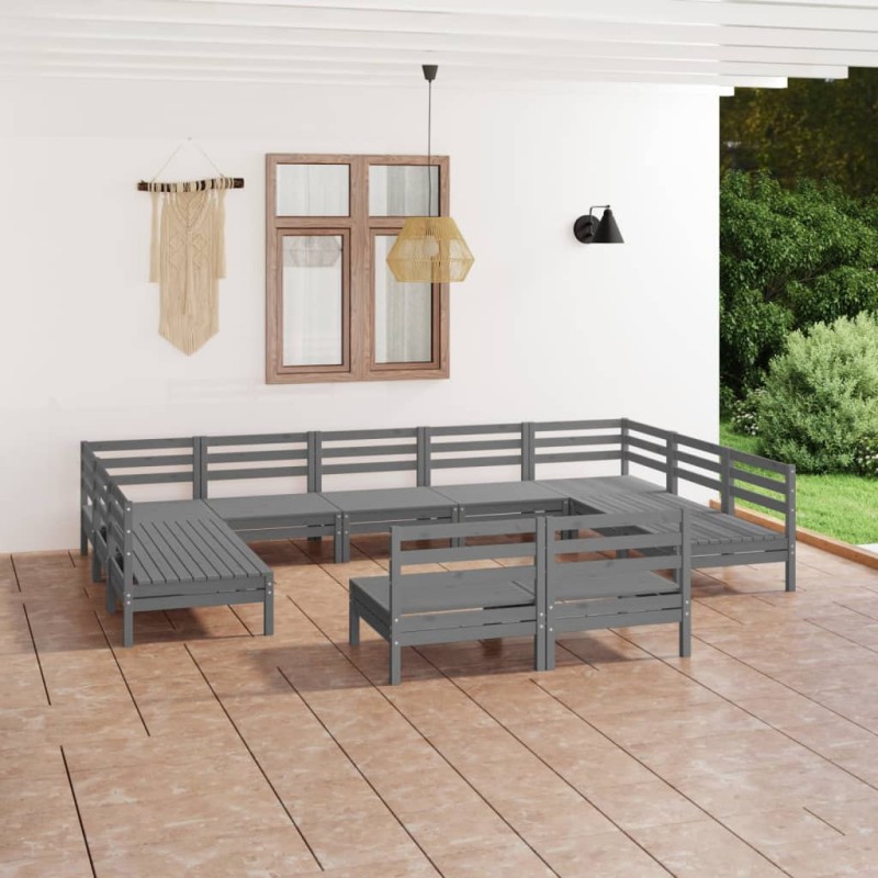 vidaXL Set Salotto da Giardino 11 pz Grigio in Legno Massello di Pino vidaXL Set Salotto da Giardino 11 pz Grigio in Legno Massello di Pino