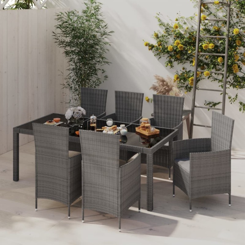 vidaXL Set da Pranzo per Esterni 7 pz con Cuscini in Polyrattan Grigio vidaXL Set da Pranzo per Esterni 7 pz con Cuscini in Polyrattan Grigio
