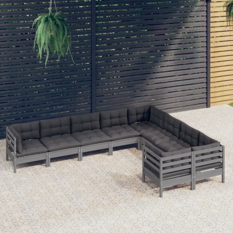 vidaXL Set Divani da Giardino 9 pz con Cuscini Grigi Massello di Pino vidaXL Set Divani da Giardino 9 pz con Cuscini Grigi Massello di Pino