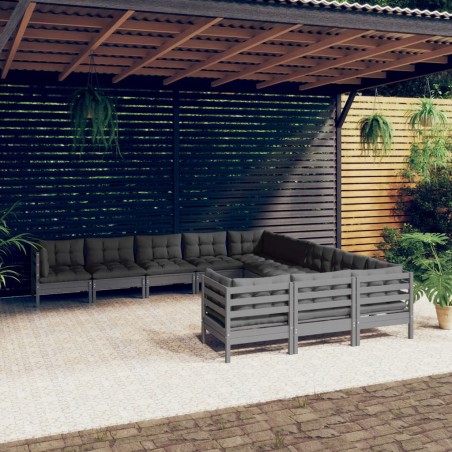 vidaXL Set Divani da Giardino 11 pz con Cuscini Grigi Massello di Pino