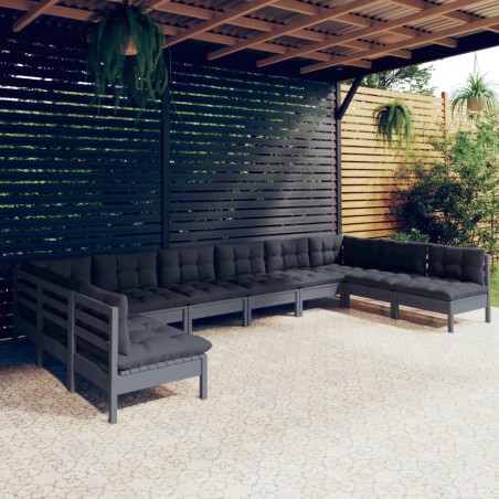 vidaXL Set Divani da Giardino 10 pz con Cuscini Grigi Massello di Pino