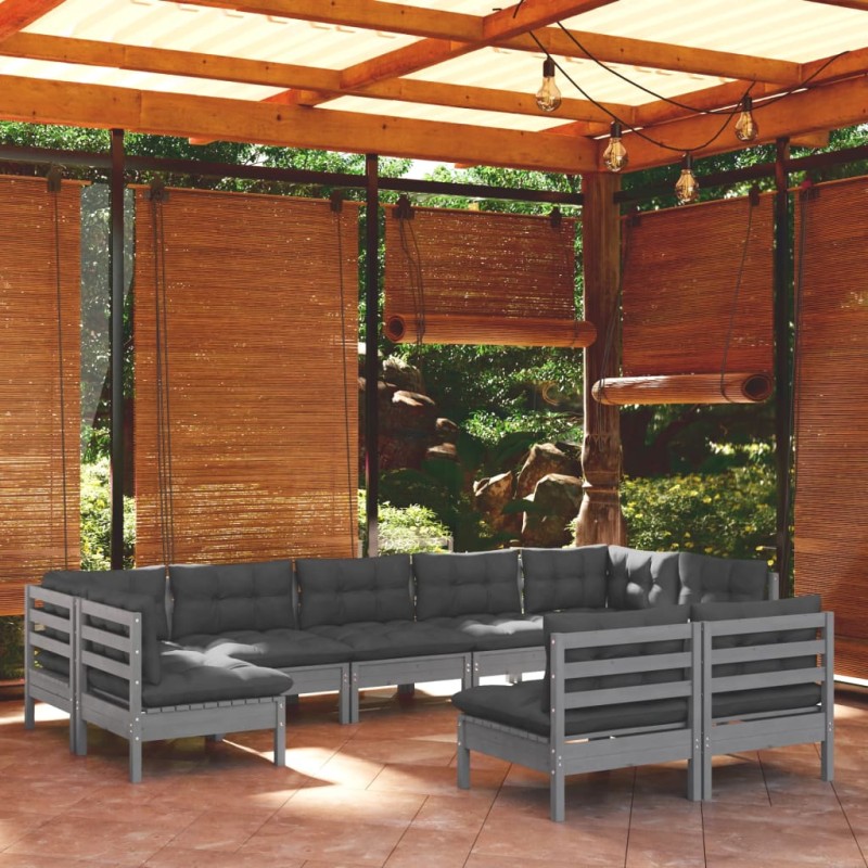 vidaXL Set Divani da Giardino 9 pz con Cuscini Grigi Massello di Pino vidaXL Set Divani da Giardino 9 pz con Cuscini Grigi Massello di Pino