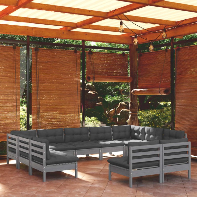 vidaXL Set Divani da Giardino 11 pz con Cuscini Grigi Massello di Pino vidaXL Set Divani da Giardino 11 pz con Cuscini Grigi Massello di Pino