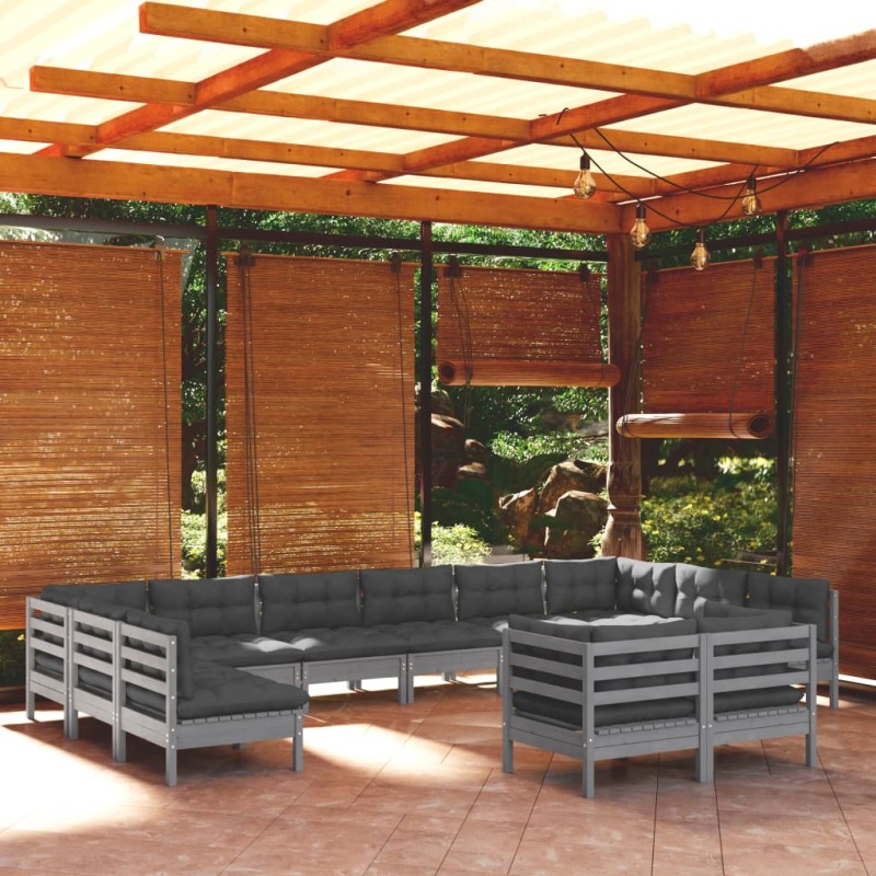 vidaXL Set Divani da Giardino 12 pz con Cuscini Grigi Massello di Pino vidaXL Set Divani da Giardino 12 pz con Cuscini Grigi Massello di Pino