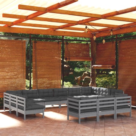 vidaXL Set Divani da Giardino 13 pz con Cuscini Grigi Massello di Pino