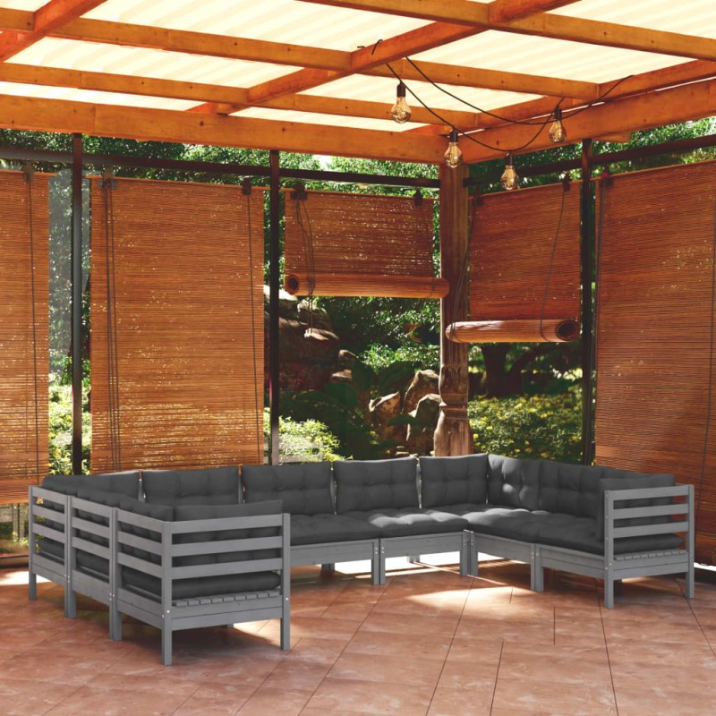 vidaXL Set Divani da Giardino 9 pz con Cuscini Grigi Massello di Pino vidaXL Set Divani da Giardino 9 pz con Cuscini Grigi Massello di Pino