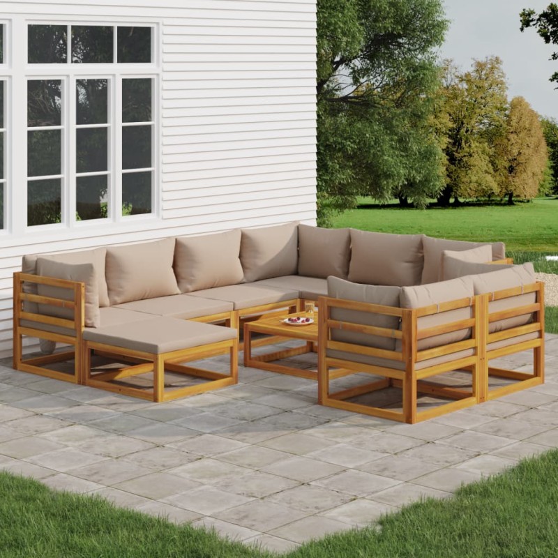 vidaXL Set Salotto da Giardino 10pz con Cuscini Tortora Legno Massello vidaXL Set Salotto da Giardino 10pz con Cuscini Tortora Legno Massello
