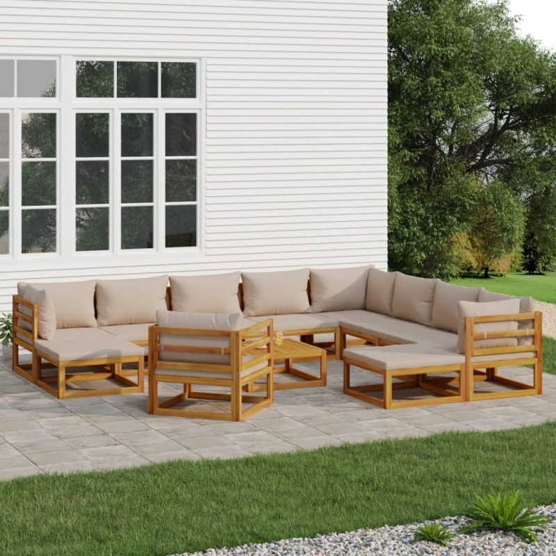vidaXL Set Salotto da Giardino 12pz con Cuscini Tortora Legno Massello vidaXL Set Salotto da Giardino 12pz con Cuscini Tortora Legno Massello