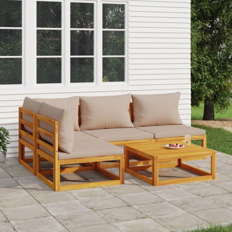 vidaXL Set Salotto da Giardino 5pz con Cuscini Tortora Legno Massello vidaXL Set Salotto da Giardino 5pz con Cuscini Tortora Legno Massello