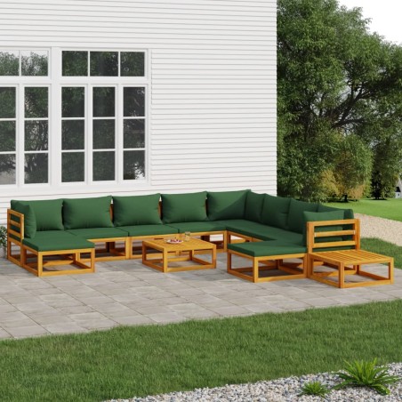 vidaXL Set Salotto da Giardino 12pz con Cuscini Verdi Legno Massello