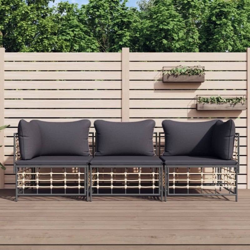 vidaXL Set Divani da Giardino 3 pz con Cuscini Antracite in Polyrattan vidaXL Set Divani da Giardino 3 pz con Cuscini Antracite in Polyrattan