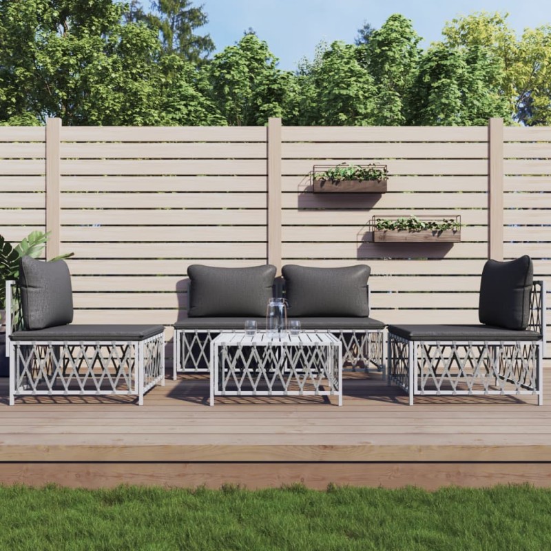 vidaXL Set Salotto da Giardino 5 pz con Cuscini in Acciaio Bianco vidaXL Set Salotto da Giardino 5 pz con Cuscini in Acciaio Bianco