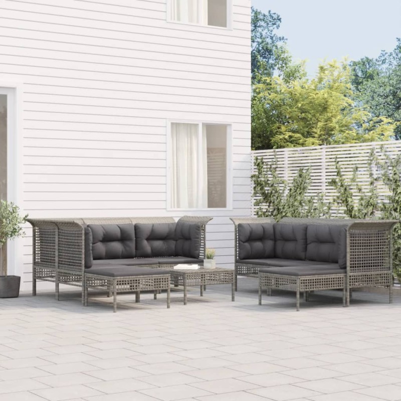 vidaXL Set Divani da Giardino 9 pz con Cuscini in Polyrattan Grigio vidaXL Set Divani da Giardino 9 pz con Cuscini in Polyrattan Grigio