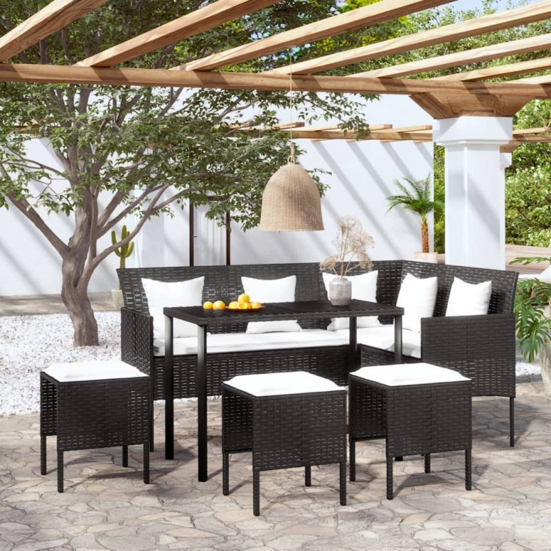 vidaXL Set Mobili 5 Pz Divano a L con Cuscini in Polyrattan Nero vidaXL Set Mobili 5 Pz Divano a L con Cuscini in Polyrattan Nero