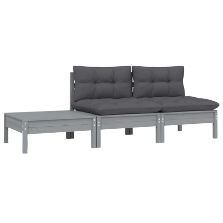 vidaXL Set Divani da Giardino 3 pz Grigio Cuscini Massello di Pino