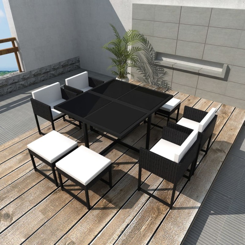vidaXL Set da Pranzo da Giardino 9 pz con Cuscini in Polyrattan Nero vidaXL Set da Pranzo da Giardino 9 pz con Cuscini in Polyrattan Nero