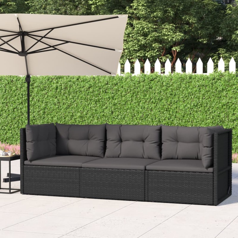 vidaXL Set Divani da Giardino 3 pz con Cuscini Nero in Polyrattan