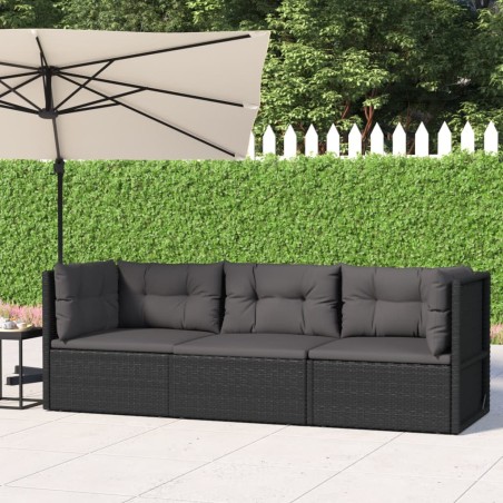 vidaXL Set Divani da Giardino 3 pz con Cuscini Nero in Polyrattan