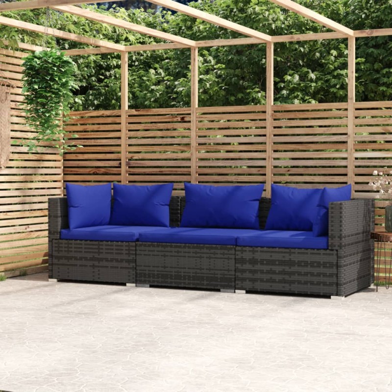 Divano a 3 Posti con Cuscini in Polyrattan Grigio Divano a 3 Posti con Cuscini in Polyrattan Grigio