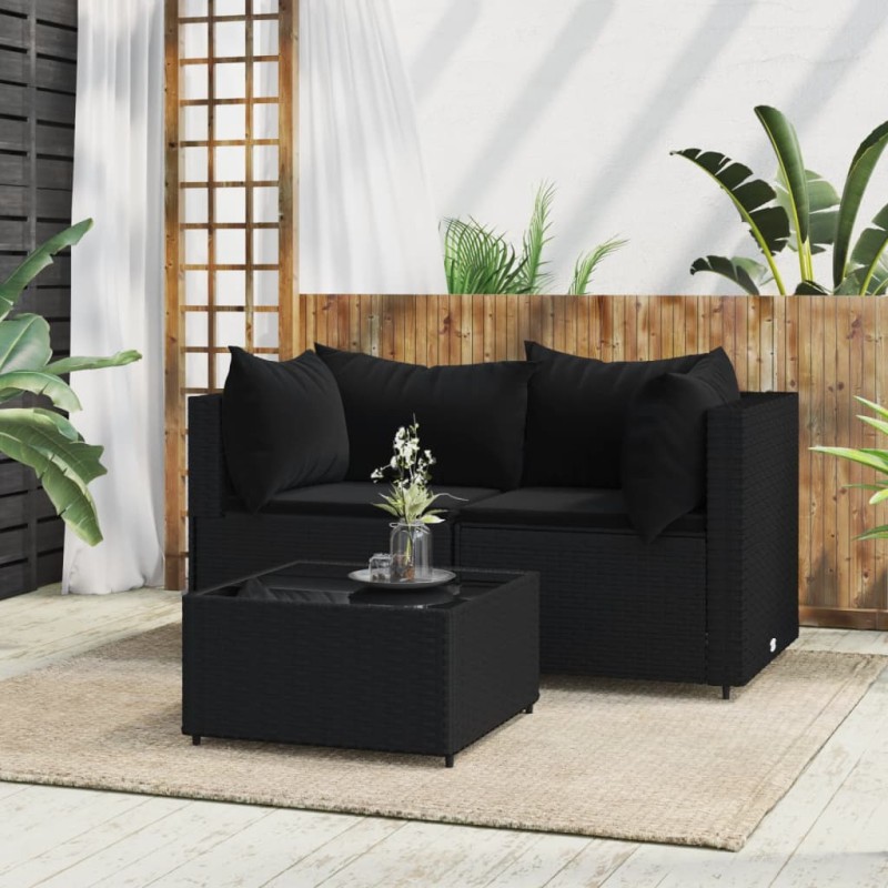 vidaXL Set Divani da Giardino 3 pz con Cuscini Nero in Polyrattan