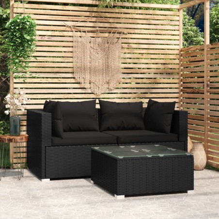 vidaXL Set Divani da Giardino 3 pz con Cuscini in Polyrattan Nero